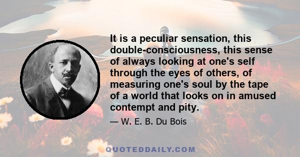 It is a peculiar sensation, this double-consciousness, this sense of always looking at one's self through the eyes of others, of measuring one's soul by the tape of a world that looks on in amused contempt and pity.