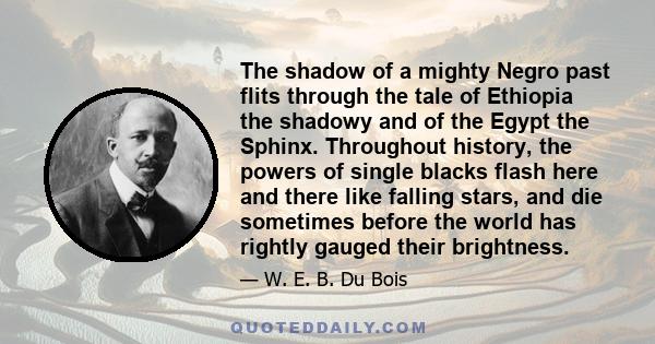 The shadow of a mighty Negro past flits through the tale of Ethiopia the shadowy and of the Egypt the Sphinx. Throughout history, the powers of single blacks flash here and there like falling stars, and die sometimes