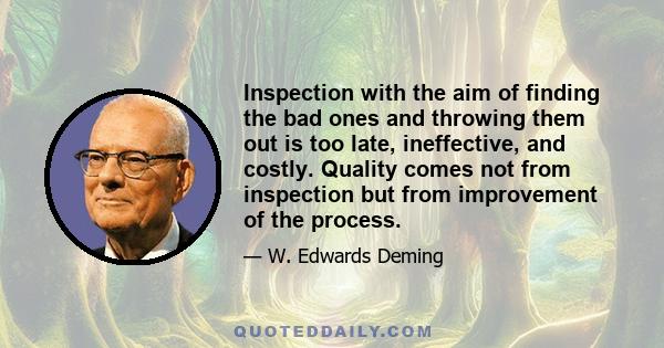 Inspection with the aim of finding the bad ones and throwing them out is too late, ineffective, and costly. Quality comes not from inspection but from improvement of the process.