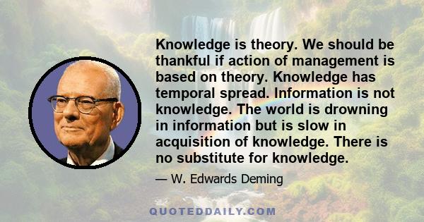 Knowledge is theory. We should be thankful if action of management is based on theory. Knowledge has temporal spread. Information is not knowledge. The world is drowning in information but is slow in acquisition of