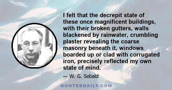 I felt that the decrepit state of these once magnificent buildings, with their broken gutters, walls blackened by rainwater, crumbling plaster revealing the coarse masonry beneath it, windows boarded up or clad with