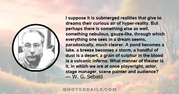 I suppose it is submerged realities that give to dreams their curious air of hyper-reality. But perhaps there is something else as well, something nebulous, gauze-like, through which everything one sees in a dream