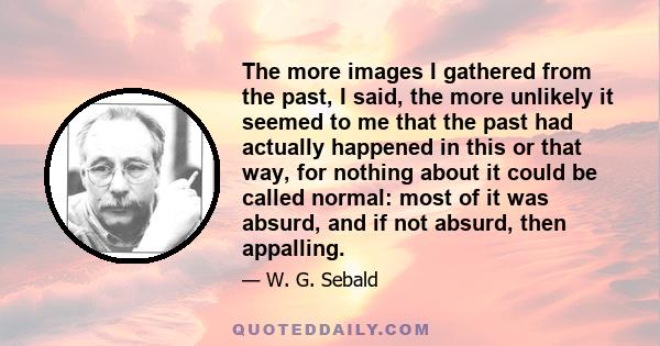 The more images I gathered from the past, I said, the more unlikely it seemed to me that the past had actually happened in this or that way, for nothing about it could be called normal: most of it was absurd, and if not 