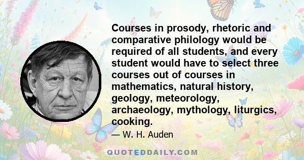 Courses in prosody, rhetoric and comparative philology would be required of all students, and every student would have to select three courses out of courses in mathematics, natural history, geology, meteorology,