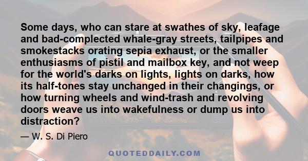 Some days, who can stare at swathes of sky, leafage and bad-complected whale-gray streets, tailpipes and smokestacks orating sepia exhaust, or the smaller enthusiasms of pistil and mailbox key, and not weep for the