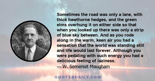 Sometimes the road was only a lane, with thick hawthorne hedges, and the green elms overhung it on either side so that when you looked up there was only a strip of blue sky between. And as you rode along in the warm,