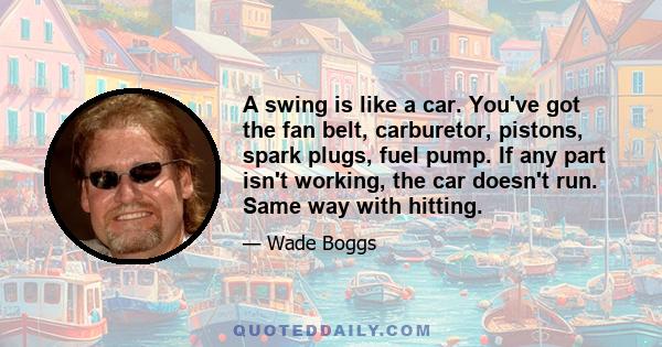 A swing is like a car. You've got the fan belt, carburetor, pistons, spark plugs, fuel pump. If any part isn't working, the car doesn't run. Same way with hitting.