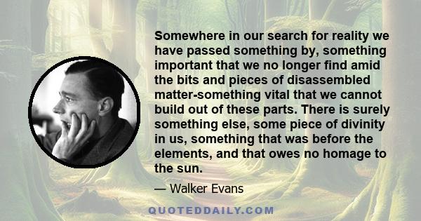 Somewhere in our search for reality we have passed something by, something important that we no longer find amid the bits and pieces of disassembled matter-something vital that we cannot build out of these parts. There