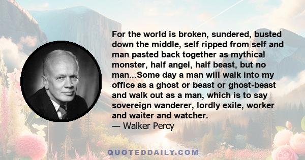 For the world is broken, sundered, busted down the middle, self ripped from self and man pasted back together as mythical monster, half angel, half beast, but no man...Some day a man will walk into my office as a ghost