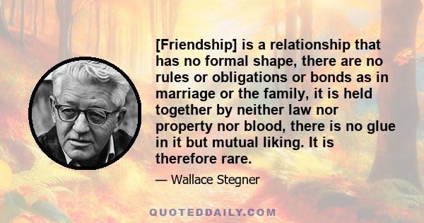 [Friendship] is a relationship that has no formal shape, there are no rules or obligations or bonds as in marriage or the family, it is held together by neither law nor property nor blood, there is no glue in it but