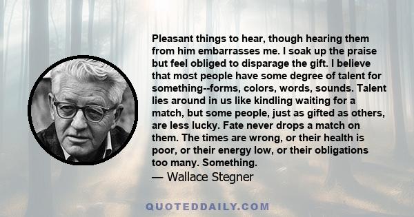 Pleasant things to hear, though hearing them from him embarrasses me. I soak up the praise but feel obliged to disparage the gift. I believe that most people have some degree of talent for something--forms, colors,