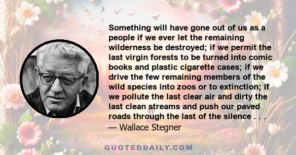 Something will have gone out of us as a people if we ever let the remaining wilderness be destroyed; if we permit the last virgin forests to be turned into comic books and plastic cigarette cases; if we drive the few