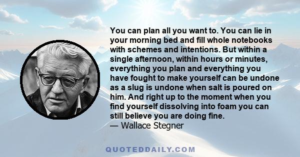 You can plan all you want to. You can lie in your morning bed and fill whole notebooks with schemes and intentions. But within a single afternoon, within hours or minutes, everything you plan and everything you have