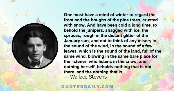 One must have a mind of winter to regard the frost and the boughs of the pine trees, crusted with snow, And have been cold a long time, to behold the junipers, shagged with ice, the spruces, rough in the distant glitter 