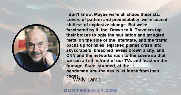 I don't know. Maybe we're all chaos theorists. Lovers of pattern and predictability, we're scared shitless of explosive change. But we're fascinated by it, too. Drawn to it. Travelers tap their brakes to ogle the