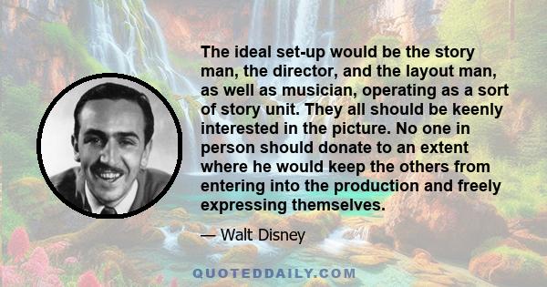 The ideal set-up would be the story man, the director, and the layout man, as well as musician, operating as a sort of story unit. They all should be keenly interested in the picture. No one in person should donate to