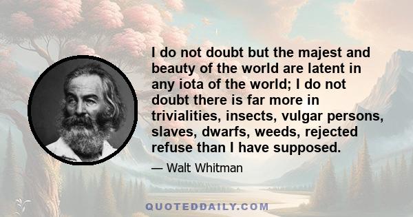 I do not doubt but the majest and beauty of the world are latent in any iota of the world; I do not doubt there is far more in trivialities, insects, vulgar persons, slaves, dwarfs, weeds, rejected refuse than I have