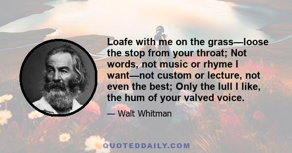 Loafe with me on the grass—loose the stop from your throat; Not words, not music or rhyme I want—not custom or lecture, not even the best; Only the lull I like, the hum of your valved voice.