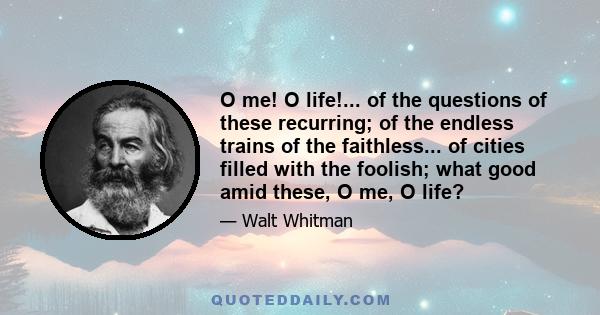 O me! O life!... of the questions of these recurring; of the endless trains of the faithless... of cities filled with the foolish; what good amid these, O me, O life?