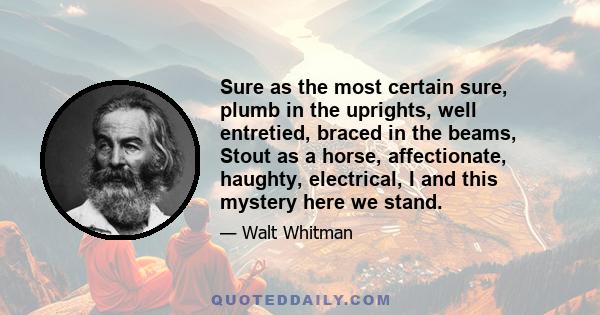 Sure as the most certain sure, plumb in the uprights, well entretied, braced in the beams, Stout as a horse, affectionate, haughty, electrical, I and this mystery here we stand.