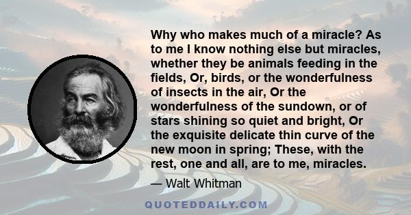 Why who makes much of a miracle? As to me I know nothing else but miracles, whether they be animals feeding in the fields, Or, birds, or the wonderfulness of insects in the air, Or the wonderfulness of the sundown, or