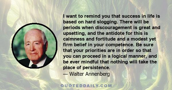 I want to remind you that success in life is based on hard slogging. There will be periods when discouragement is great and upsetting, and the antidote for this is calmness and fortitude and a modest yet firm belief in