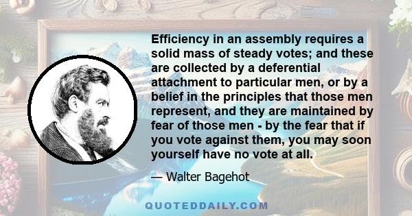 Efficiency in an assembly requires a solid mass of steady votes; and these are collected by a deferential attachment to particular men, or by a belief in the principles that those men represent, and they are maintained