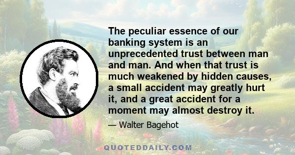 The peculiar essence of our banking system is an unprecedented trust between man and man. And when that trust is much weakened by hidden causes, a small accident may greatly hurt it, and a great accident for a moment