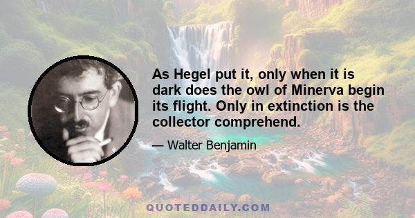 As Hegel put it, only when it is dark does the owl of Minerva begin its flight. Only in extinction is the collector comprehend.