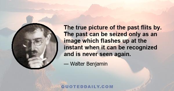 The true picture of the past flits by. The past can be seized only as an image which flashes up at the instant when it can be recognized and is never seen again.