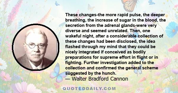 These changes-the more rapid pulse, the deeper breathing, the increase of sugar in the blood, the secretion from the adrenal glands-were very diverse and seemed unrelated. Then, one wakeful night, after a considerable