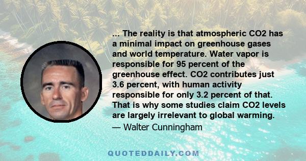 ... The reality is that atmospheric CO2 has a minimal impact on greenhouse gases and world temperature. Water vapor is responsible for 95 percent of the greenhouse effect. CO2 contributes just 3.6 percent, with human