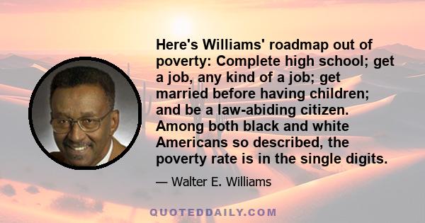 Here's Williams' roadmap out of poverty: Complete high school; get a job, any kind of a job; get married before having children; and be a law-abiding citizen. Among both black and white Americans so described, the