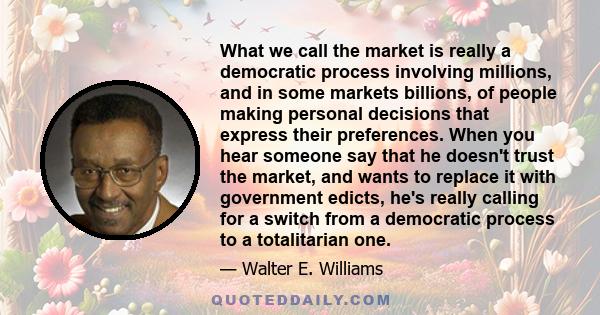 What we call the market is really a democratic process involving millions, and in some markets billions, of people making personal decisions that express their preferences. When you hear someone say that he doesn't