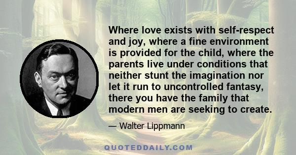 Where love exists with self-respect and joy, where a fine environment is provided for the child, where the parents live under conditions that neither stunt the imagination nor let it run to uncontrolled fantasy, there