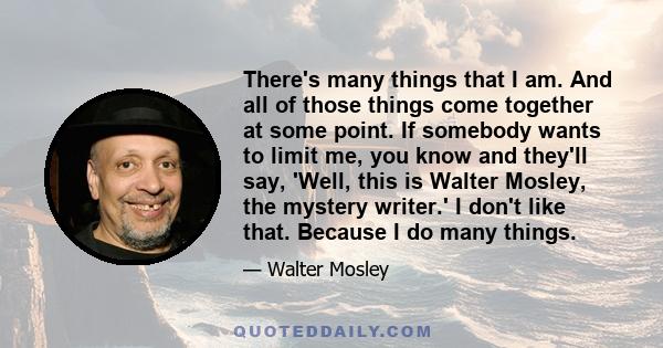 There's many things that I am. And all of those things come together at some point. If somebody wants to limit me, you know and they'll say, 'Well, this is Walter Mosley, the mystery writer.' I don't like that. Because