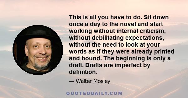 This is all you have to do. Sit down once a day to the novel and start working without internal criticism, without debilitating expectations, without the need to look at your words as if they were already printed and