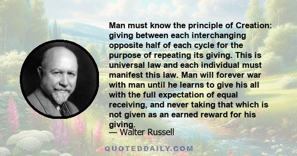 Man must know the principle of Creation: giving between each interchanging opposite half of each cycle for the purpose of repeating its giving. This is universal law and each individual must manifest this law. Man will