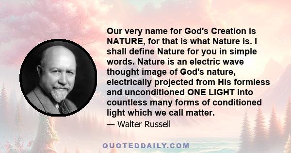 Our very name for God's Creation is NATURE, for that is what Nature is. I shall define Nature for you in simple words. Nature is an electric wave thought image of God's nature, electrically projected from His formless