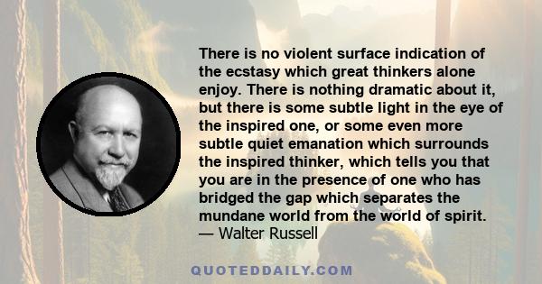 There is no violent surface indication of the ecstasy which great thinkers alone enjoy. There is nothing dramatic about it, but there is some subtle light in the eye of the inspired one, or some even more subtle quiet