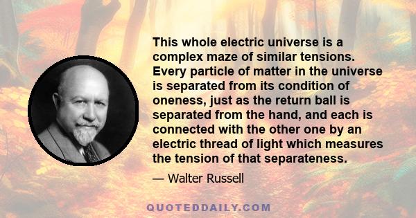 This whole electric universe is a complex maze of similar tensions. Every particle of matter in the universe is separated from its condition of oneness, just as the return ball is separated from the hand, and each is