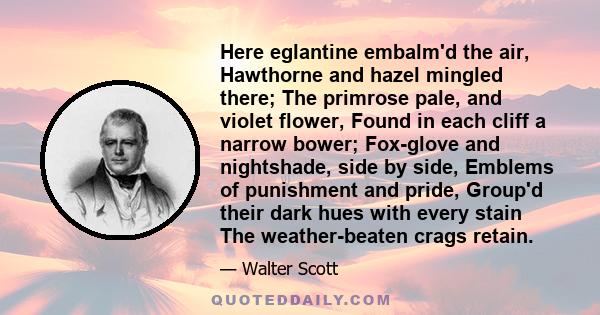 Here eglantine embalm'd the air, Hawthorne and hazel mingled there; The primrose pale, and violet flower, Found in each cliff a narrow bower; Fox-glove and nightshade, side by side, Emblems of punishment and pride,