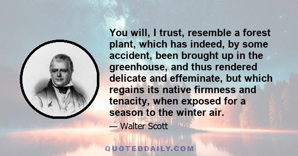 You will, I trust, resemble a forest plant, which has indeed, by some accident, been brought up in the greenhouse, and thus rendered delicate and effeminate, but which regains its native firmness and tenacity, when