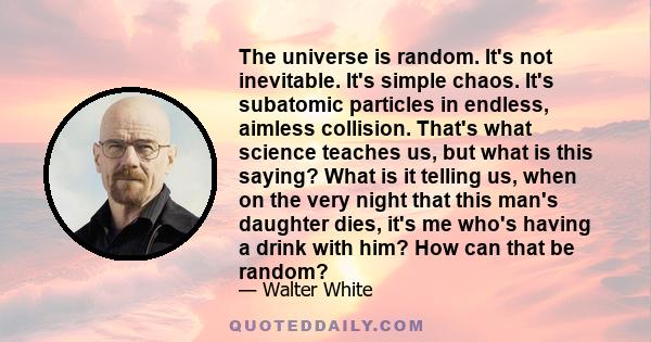 The universe is random. It's not inevitable. It's simple chaos. It's subatomic particles in endless, aimless collision. That's what science teaches us, but what is this saying? What is it telling us, when on the very