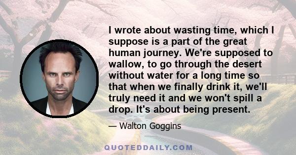 I wrote about wasting time, which I suppose is a part of the great human journey. We're supposed to wallow, to go through the desert without water for a long time so that when we finally drink it, we'll truly need it