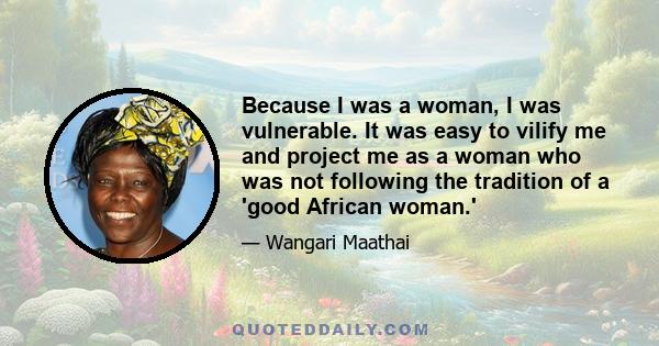 Because I was a woman, I was vulnerable. It was easy to vilify me and project me as a woman who was not following the tradition of a 'good African woman.'