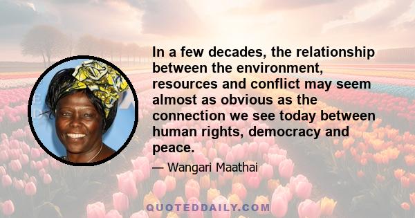 In a few decades, the relationship between the environment, resources and conflict may seem almost as obvious as the connection we see today between human rights, democracy and peace.