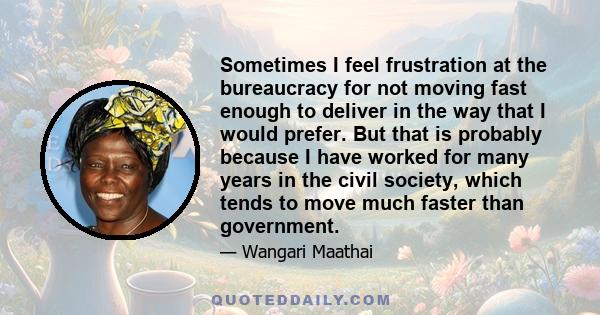 Sometimes I feel frustration at the bureaucracy for not moving fast enough to deliver in the way that I would prefer. But that is probably because I have worked for many years in the civil society, which tends to move