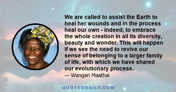 We are called to assist the Earth to heal her wounds and in the process heal our own - indeed, to embrace the whole creation in all its diversity, beauty and wonder. This will happen if we see the need to revive our