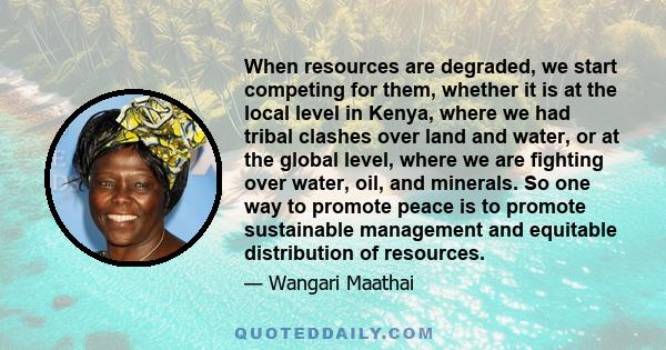 When resources are degraded, we start competing for them, whether it is at the local level in Kenya, where we had tribal clashes over land and water, or at the global level, where we are fighting over water, oil, and